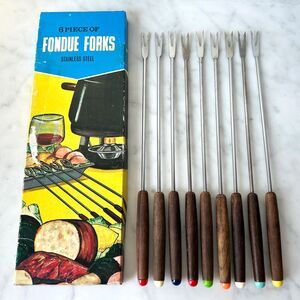 Vintage Fondue Forks 9 Stainless Steel w/Wood Handles-6 in Original Box+3 Extra